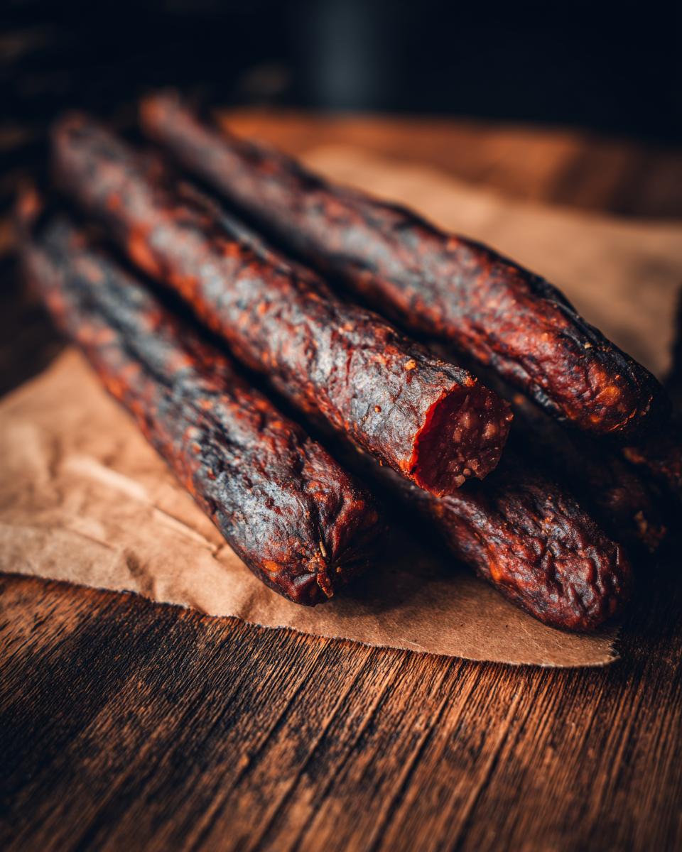 Close-up of several Homemade Beef Dog Chew Sticks on a wooden surface, showing texture and detail.