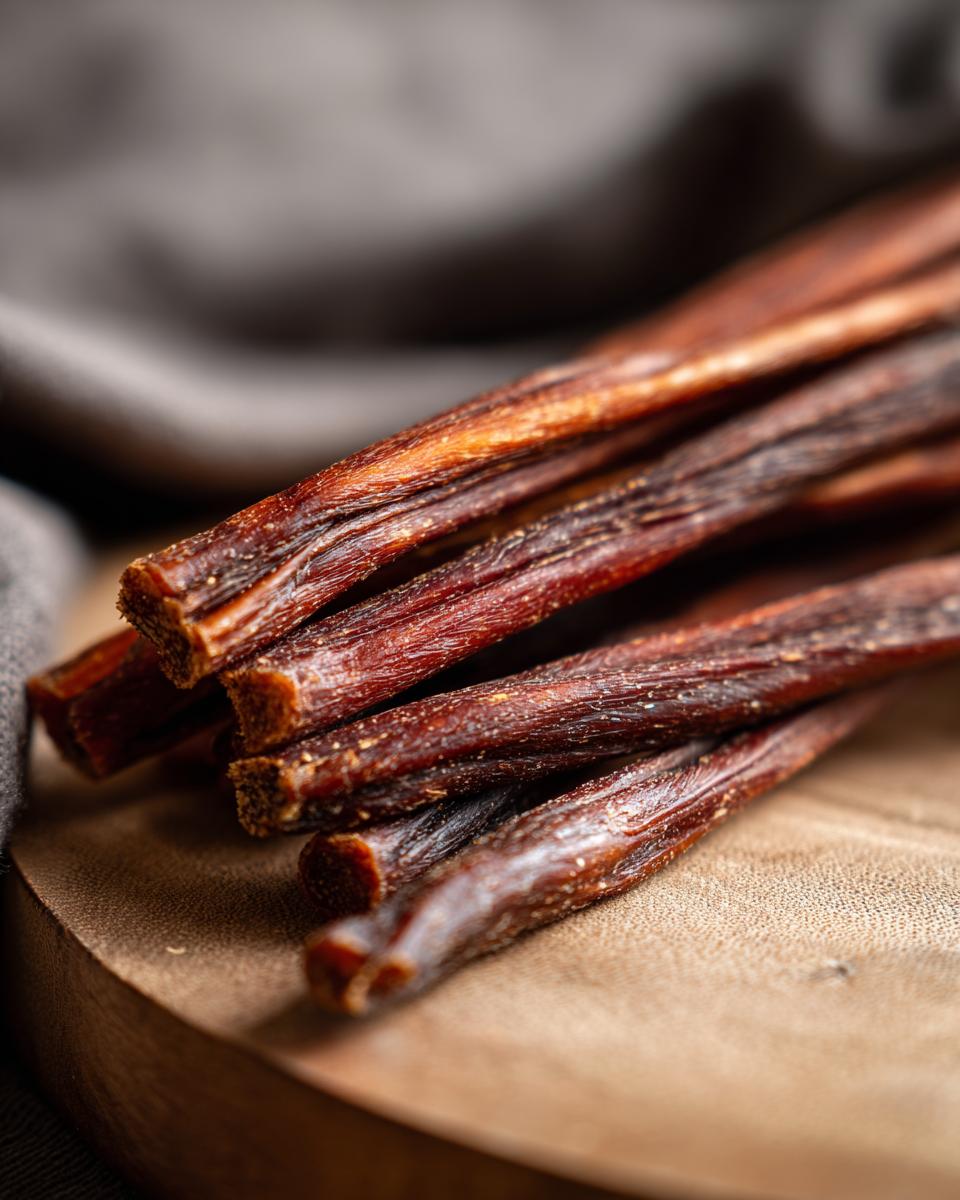Close-up of a pile of homemade beef dog chew sticks on a wooden surface.