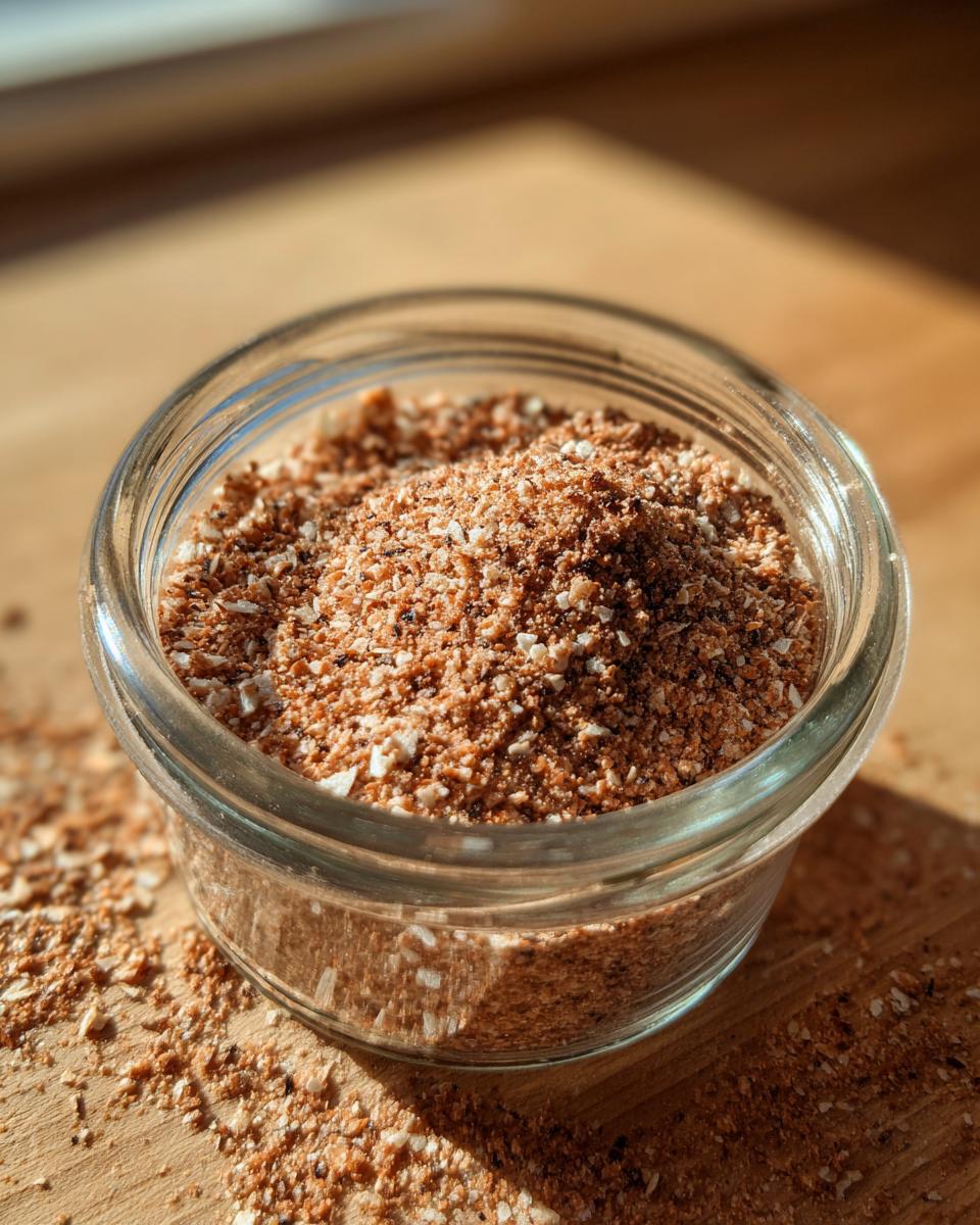 Close-up of a glass jar filled with Homemade Salmon Oat Topper Sprinkle for Dogs.