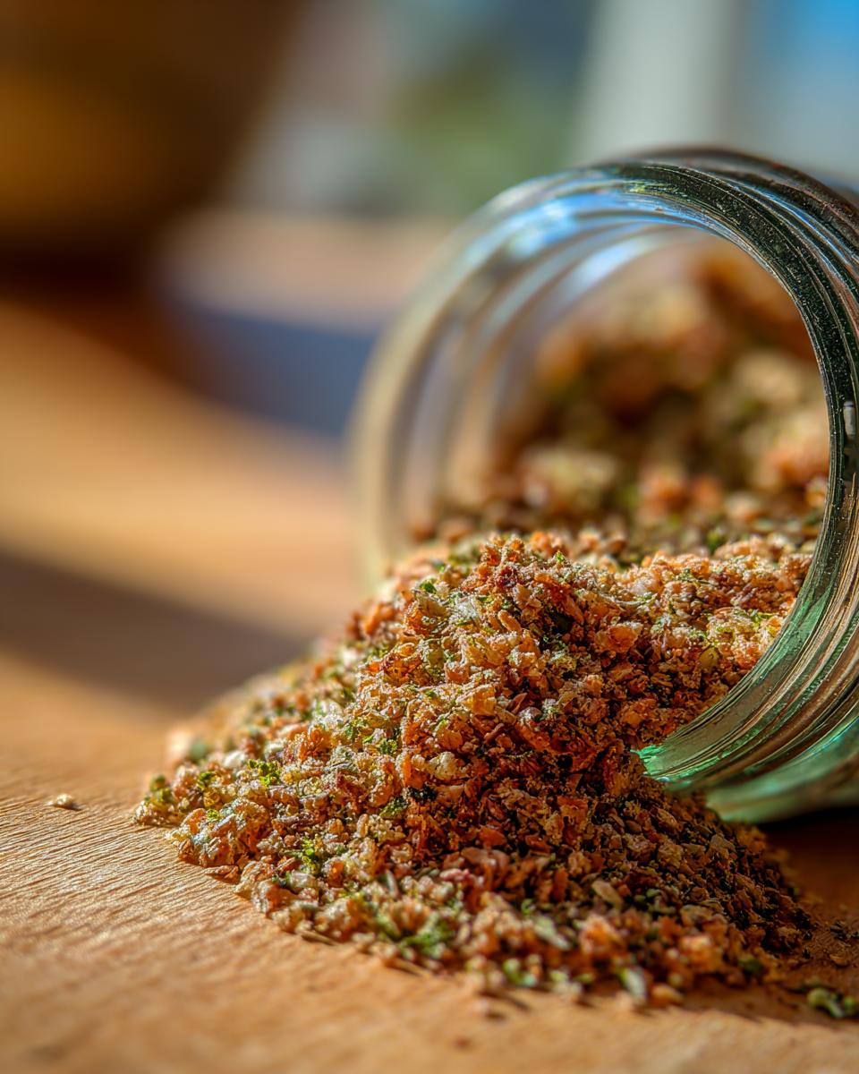 Close-up of Homemade Salmon Oat Topper sprinkle spilling from a jar.