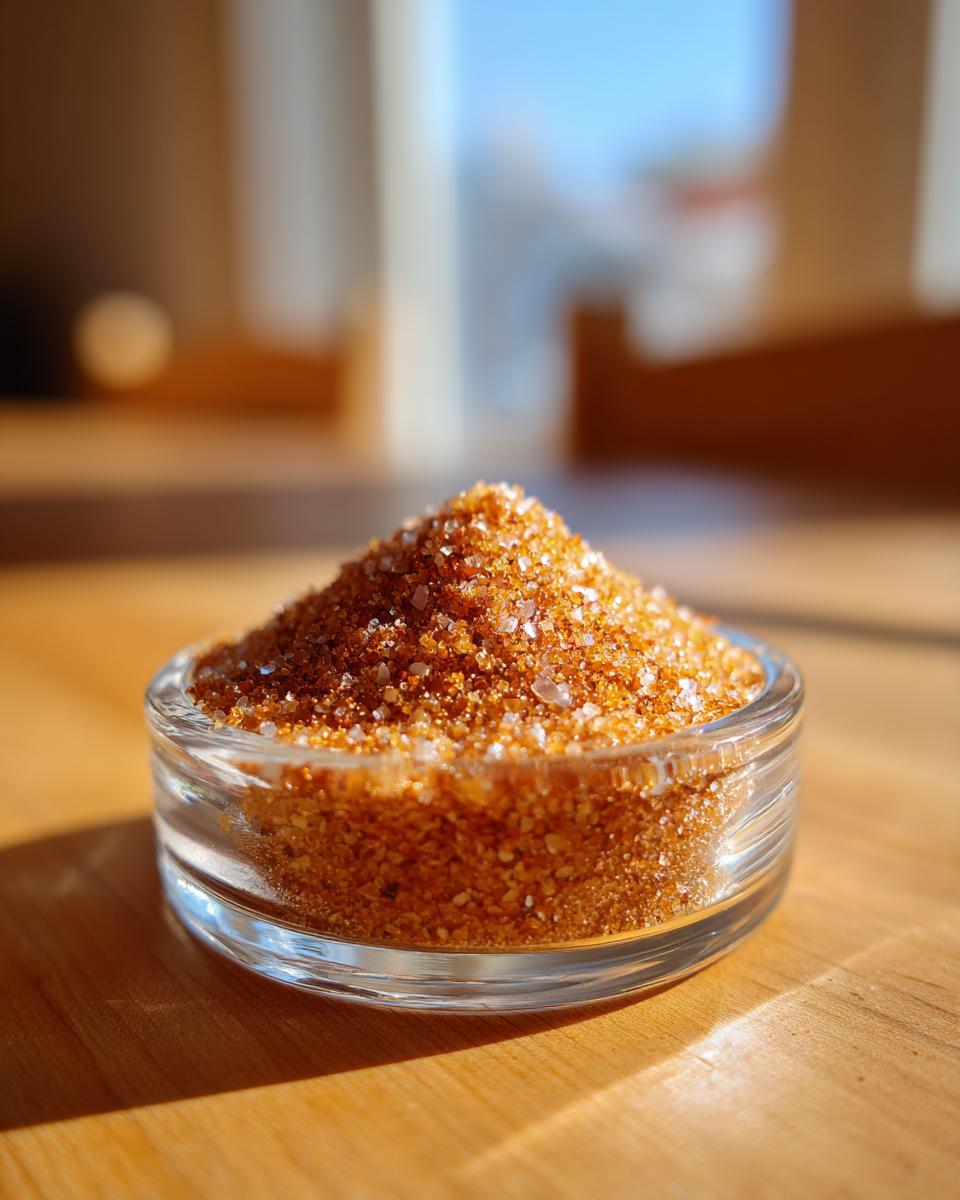 Close-up of a glass bowl filled with homemade salmon oat topper sprinkle for dogs. 
