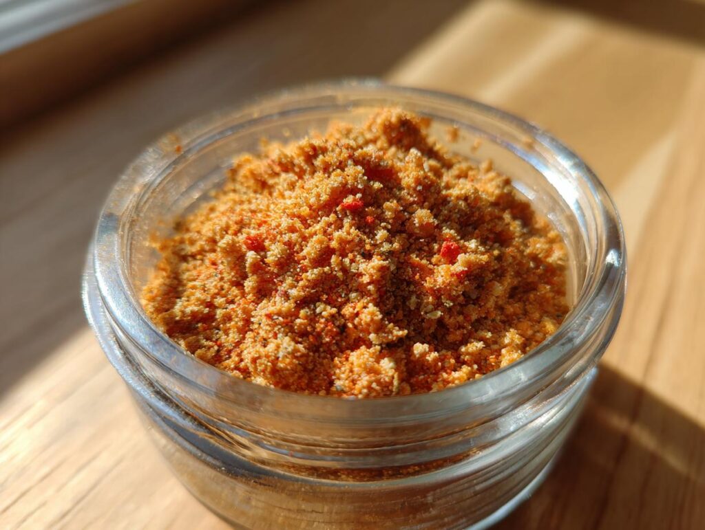 Close-up of a jar filled with homemade Salmon Oat Topper Sprinkle for Dogs.