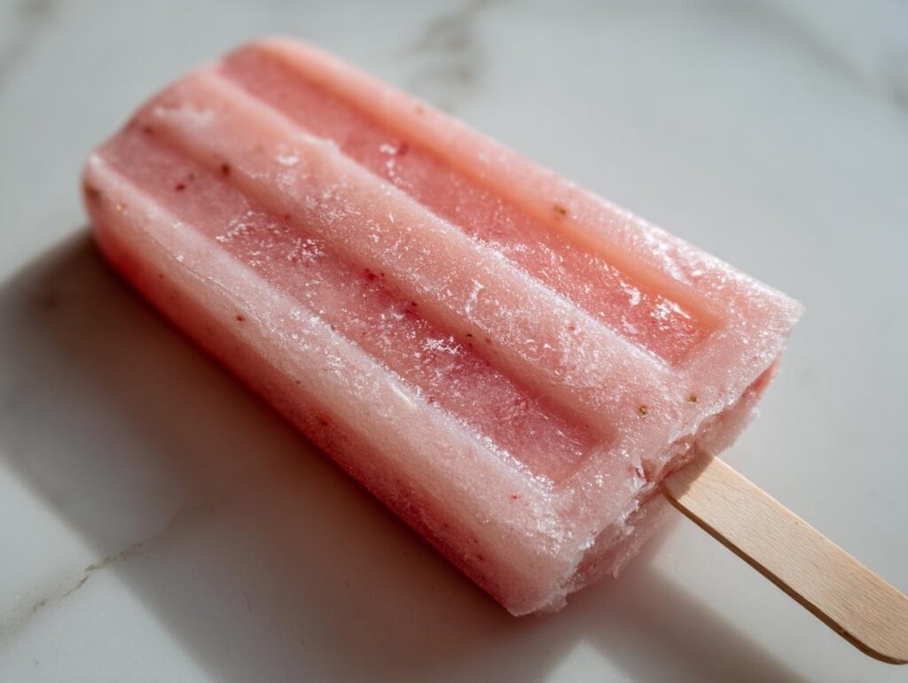 Close-up of a Homemade Strawberry Plain Yogurt Frozen Pup Popsicle on a white surface.
