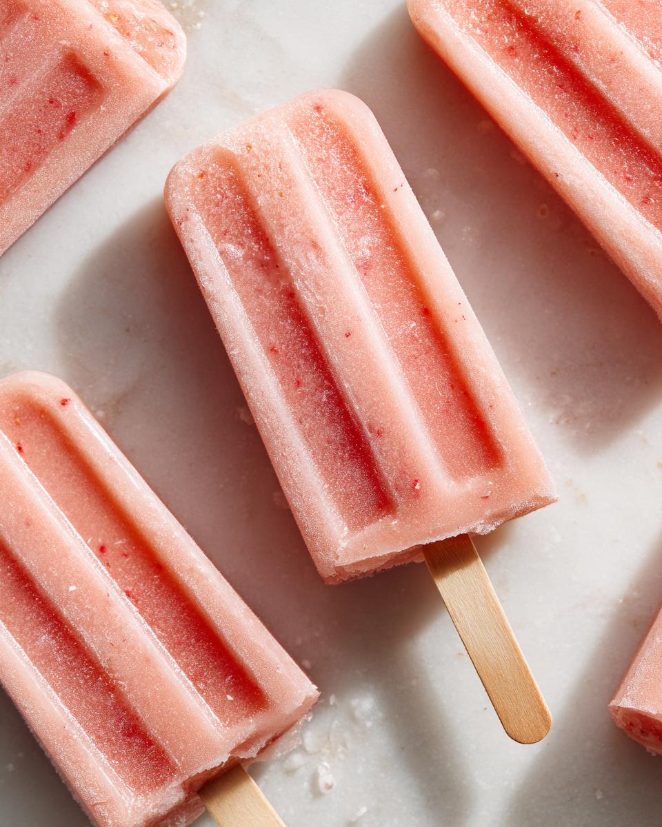 Overhead shot of several Homemade Strawberry Plain Yogurt Frozen Pup Popsicles on a marble surface.