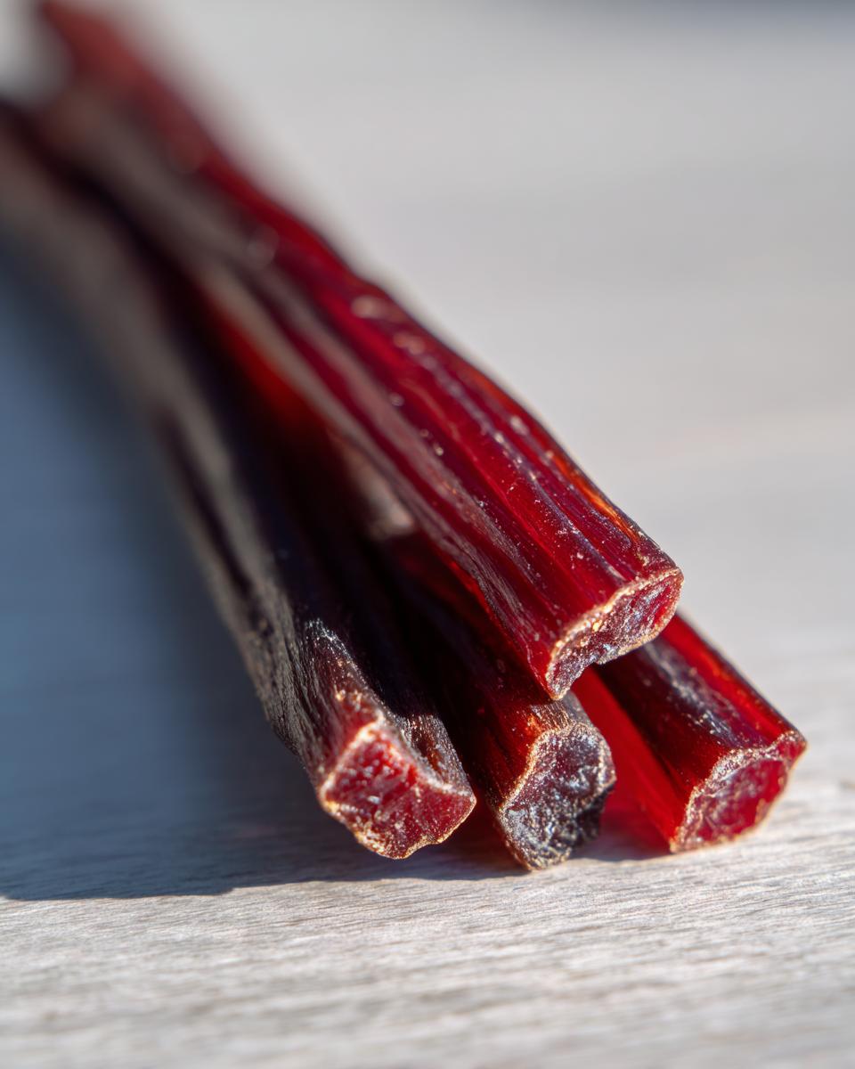 Close-up of several Natural Beef Power Chew Sticks for dogs, showing texture and detail.