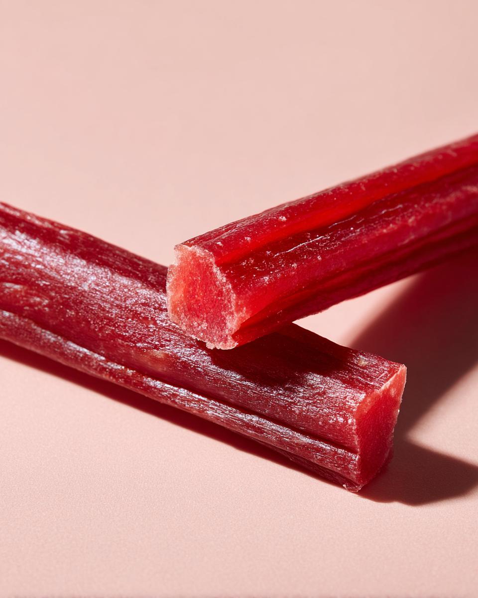 Close-up of two natural beef power chew sticks for dogs on a pink background.