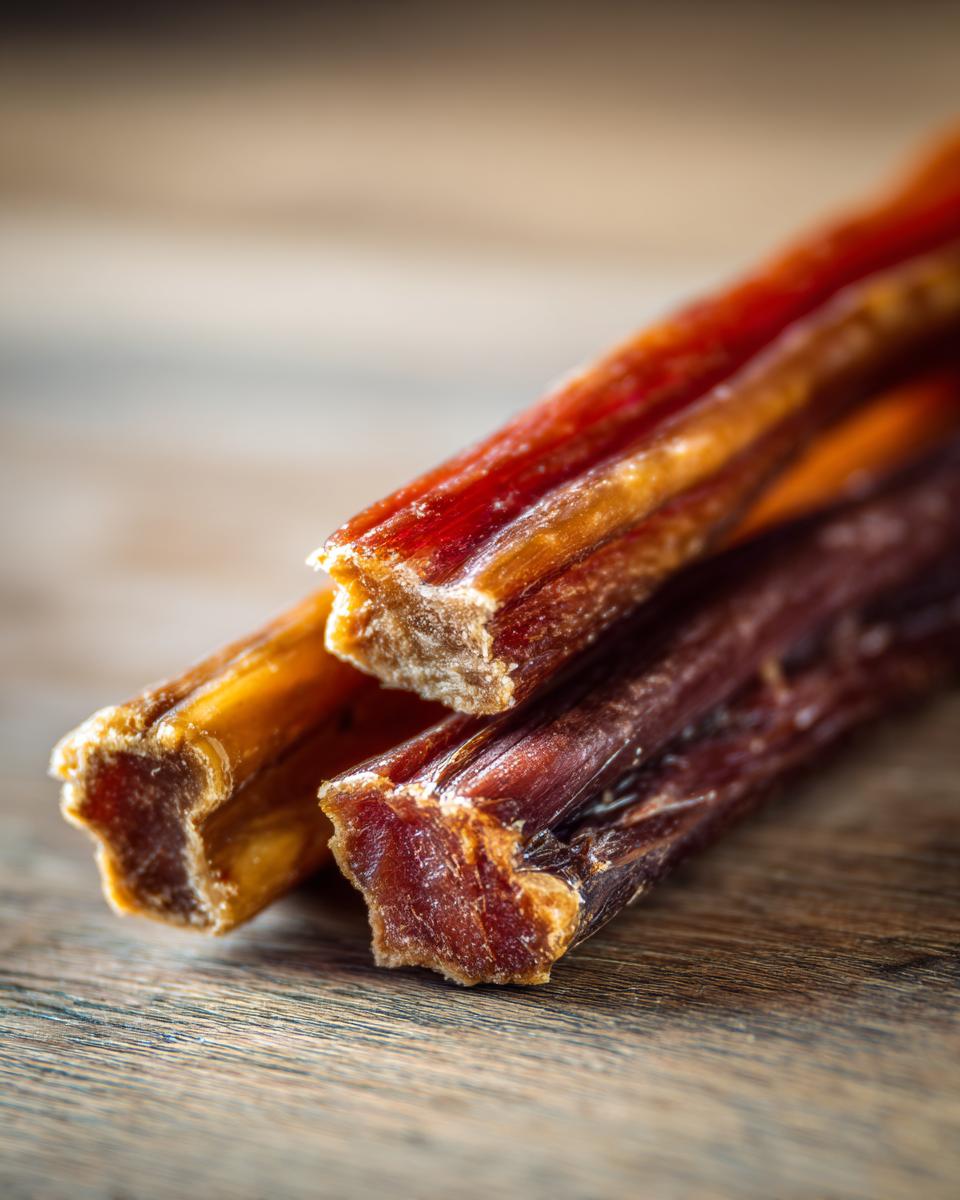 Close-up of three Natural Beef Power Chew Sticks for dogs on a wooden surface.
