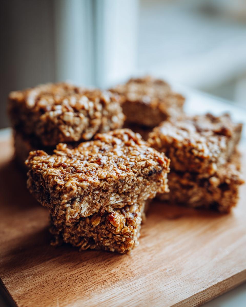 Close-up of No-Bake Banana Oat Pup Cookie Bars on a wooden cutting board.