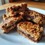 Close-up of several No-Bake Banana Oat Pup Cookie Bars on a white plate, showing the layers of oats and banana.