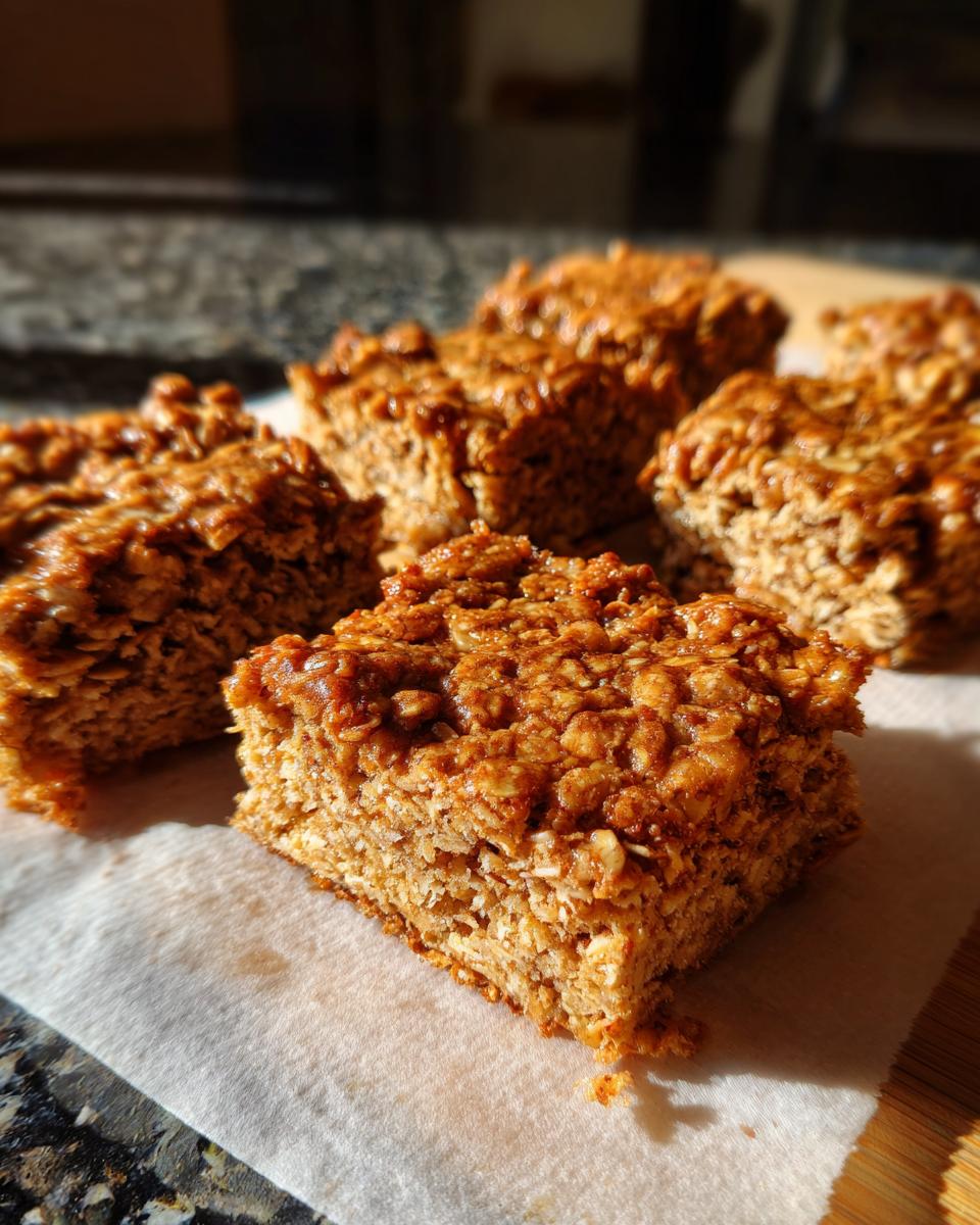 Close-up of several No-Bake Banana Oat Pup Cookie Bars on a white surface, showing texture and detail.