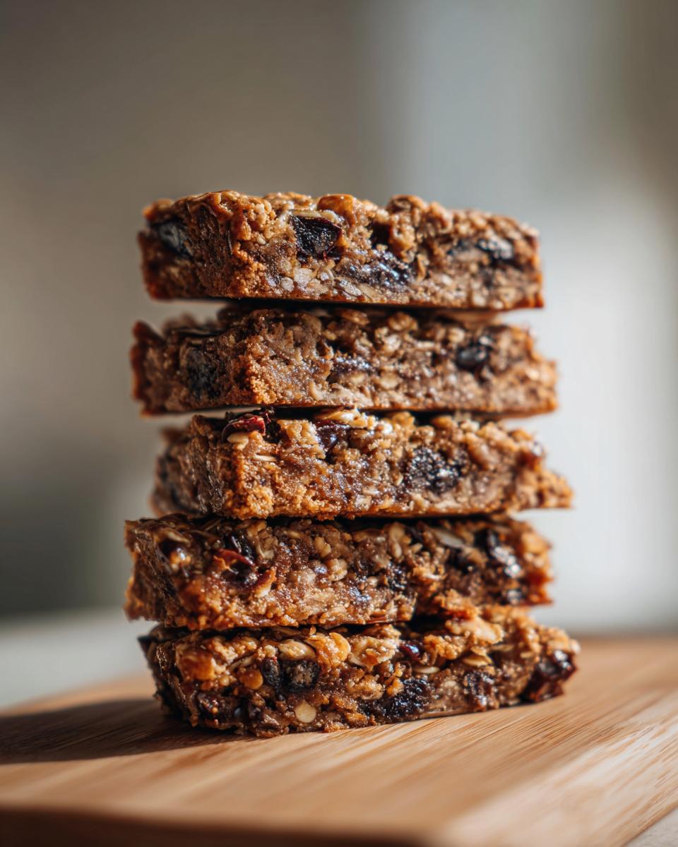 Close-up of a stack of No-Bake Banana Oat Pup Cookie Bars on a wooden surface.