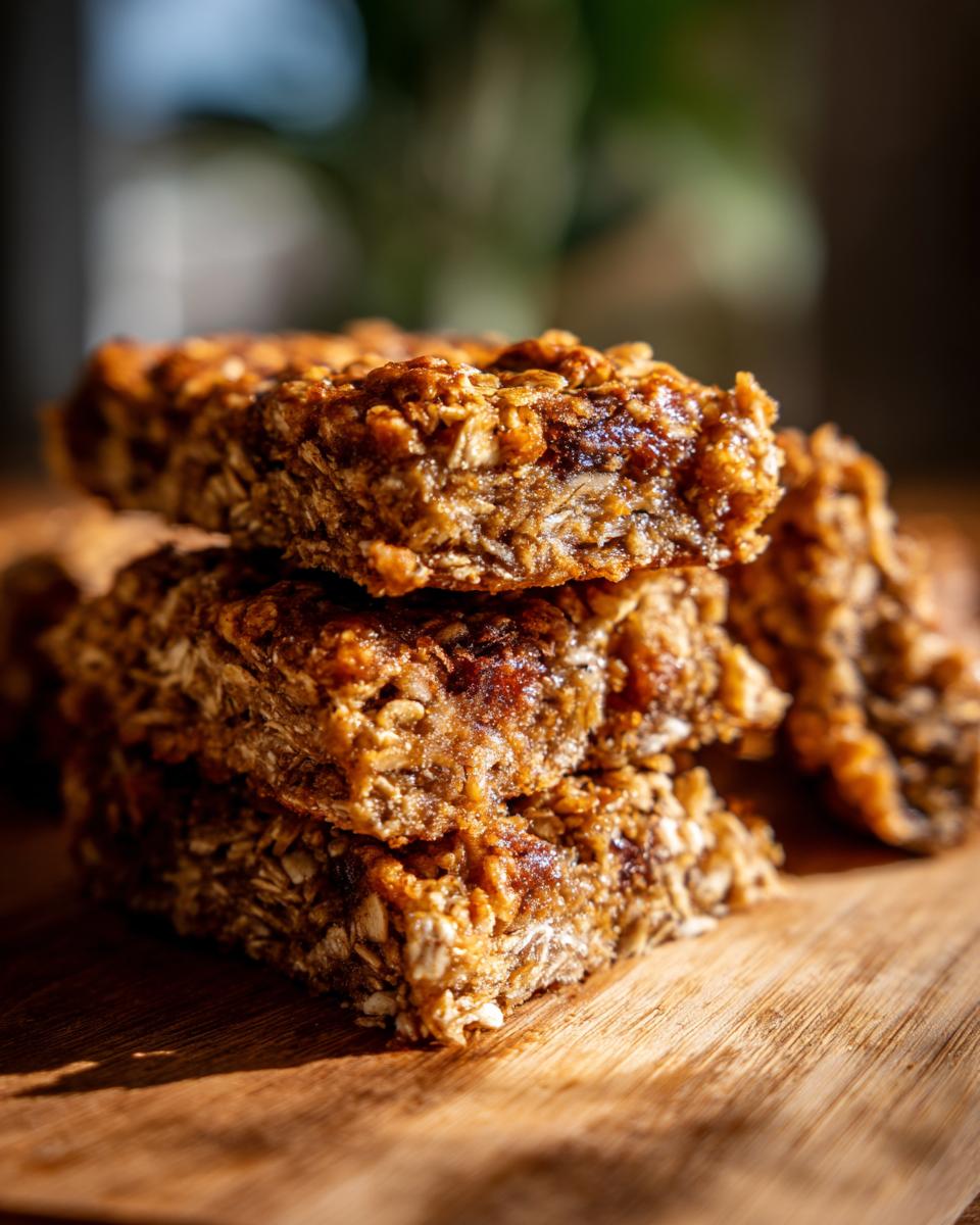 Close-up of stacked No-Bake Banana Oat Pup Cookie Bars on a wooden surface.