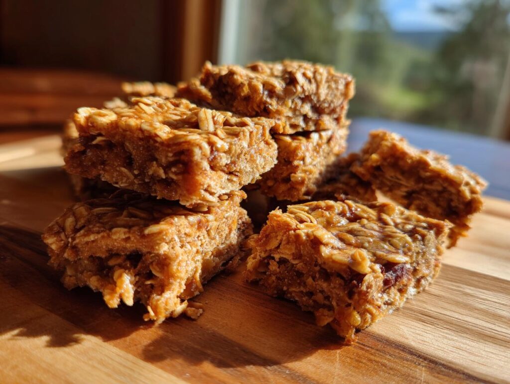Close-up of a stack of No-Bake Banana Oat Pup Cookie Bars on a wooden board.