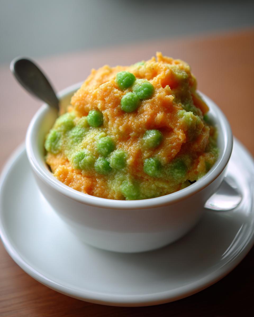 Close-up of a cup filled with Pea and Carrot Homemade Dog Dip, a healthy treat for dogs.