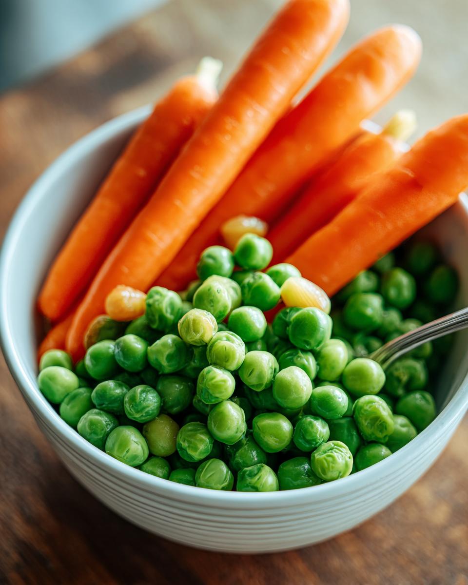Close-up of a bowl of fresh peas and carrots, ingredients for Pea and Carrot Homemade Dog Dip.
