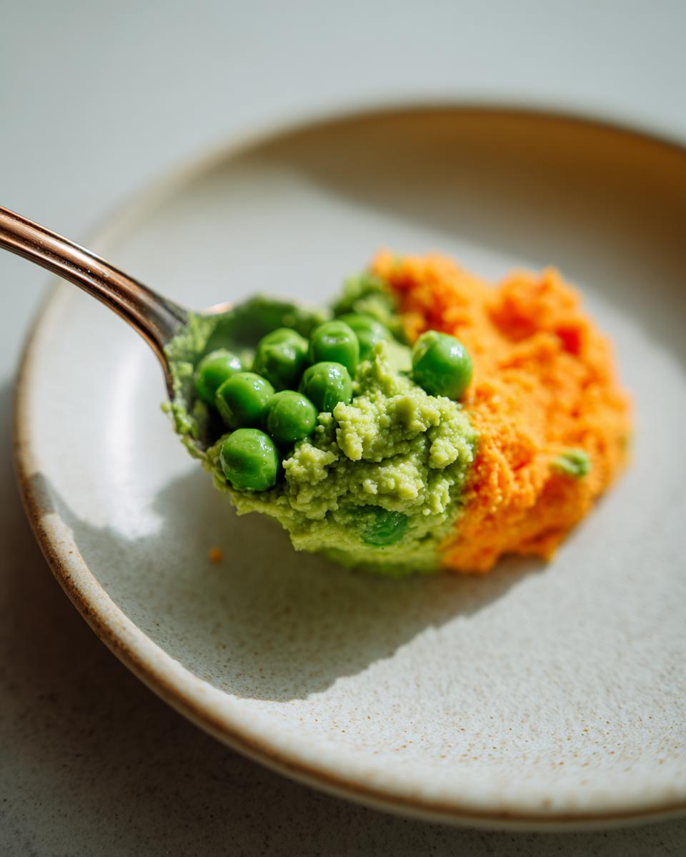 Close-up of Pea and Carrot Homemade Dog Dip on a spoon, showing the green pea and orange carrot mixture.