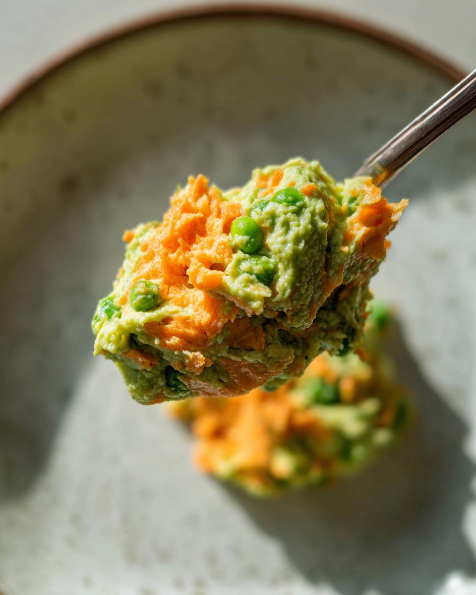 Close-up of Pea and Carrot Homemade Dog Dip on a spoon, showing peas and carrots.