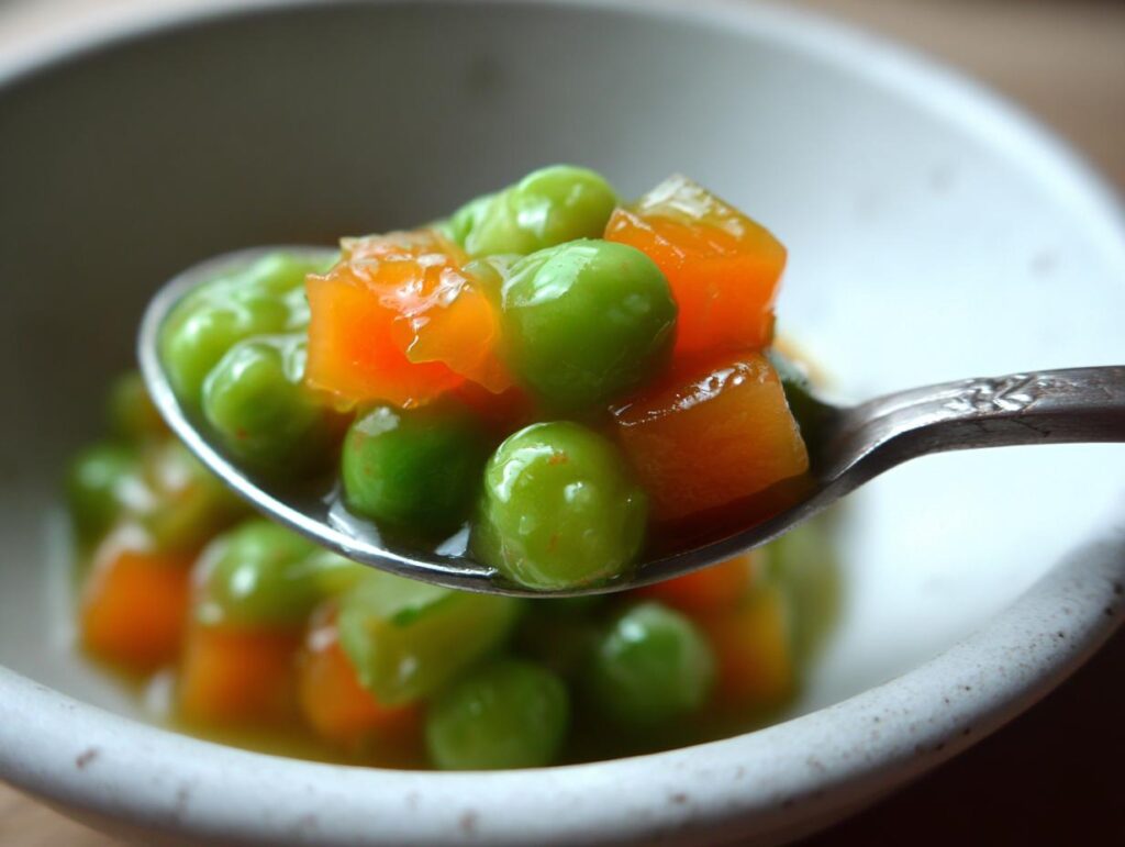Close-up of a spoonful of Pea and Carrot Homemade Dog Dip, showing peas and carrots.