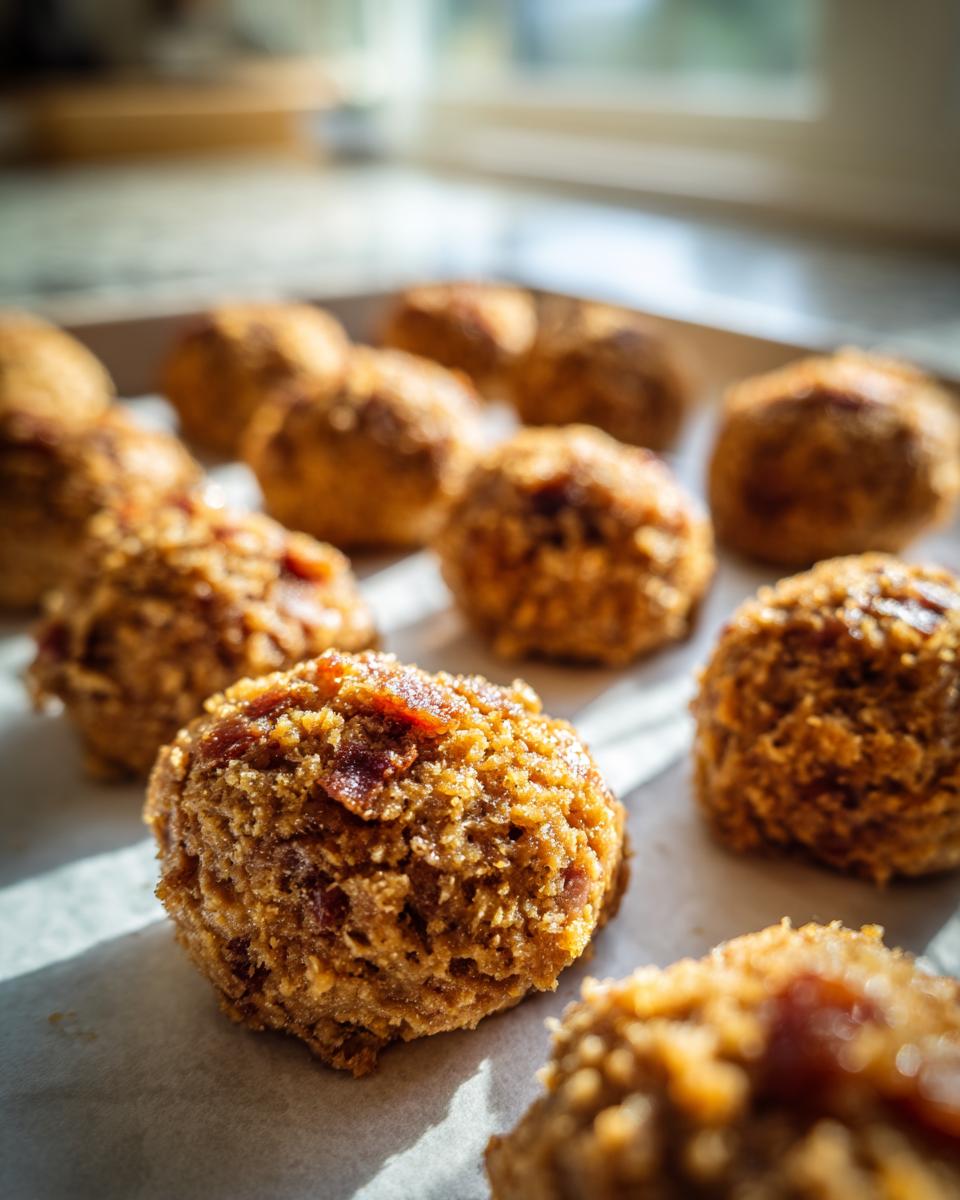 Close-up of freshly baked Peanut Butter Bacon Dog Treats on parchment paper, ready for your pup.