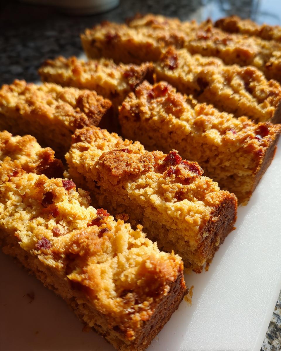 Close-up of freshly baked Peanut Butter Bacon Dog Treats, showing texture and bacon bits.