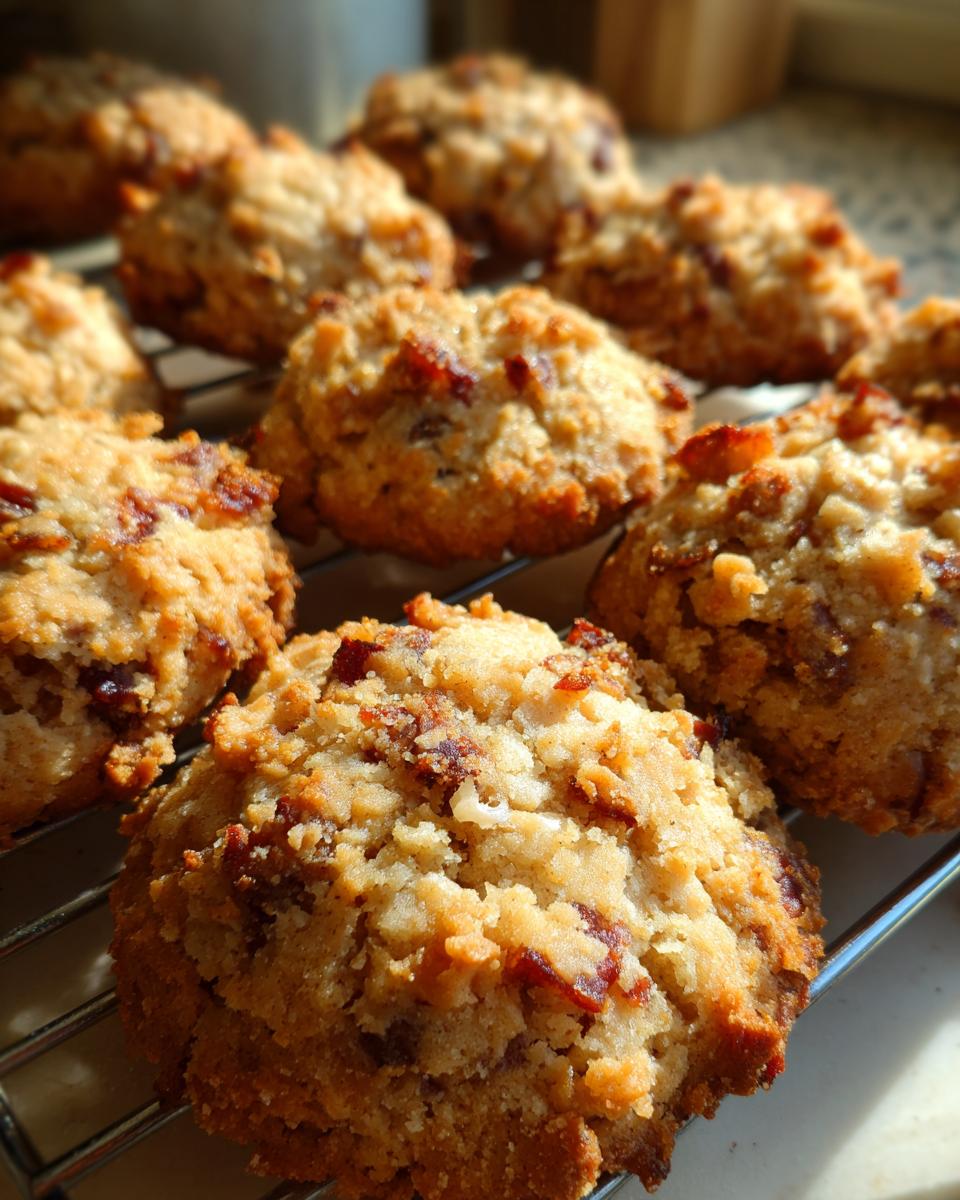 Close-up of freshly baked Peanut Butter Bacon Dog Treats cooling on a wire rack.