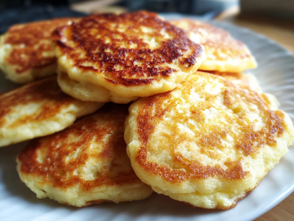 Close-up of golden brown Peanut Butter Banana Dog Pancake Bites on a white plate.