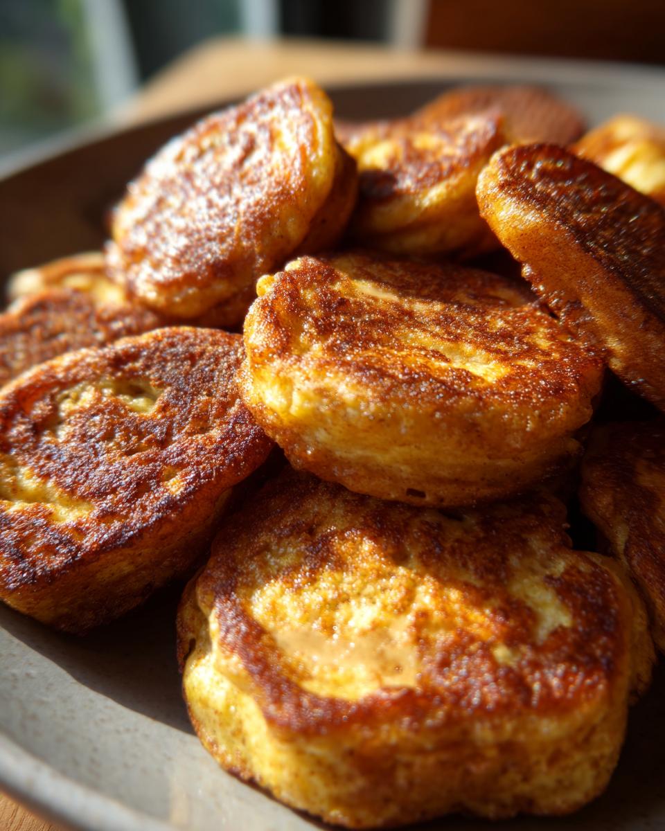 Close-up of golden brown Peanut Butter Banana Dog Pancake Bites on a plate.