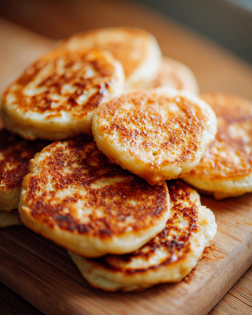 Close-up of a stack of golden brown Peanut Butter Banana Dog Pancake Bites on a wooden board.