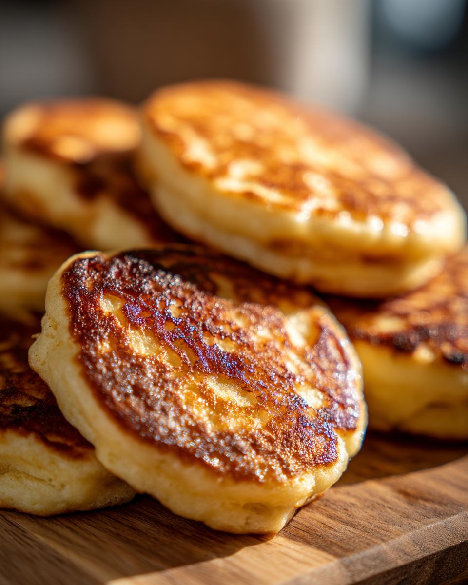 Close-up of golden brown Peanut Butter Banana Dog Pancake Bites on a wooden board.