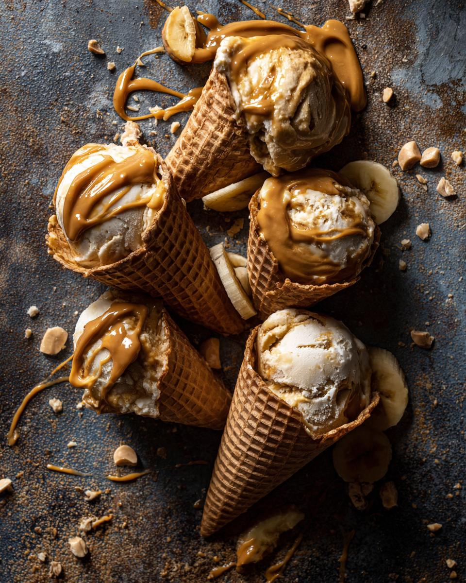 Frozen yogurt cones with peanut butter and banana, perfect for dogs. Featuring Peanut Butter Banana Frozen Yogurt Bark for Dogs.