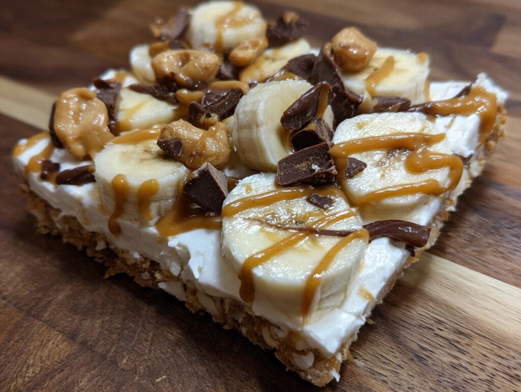 Close-up of Peanut Butter Banana Frozen Yogurt Bark for Dogs, topped with bananas and peanuts.
