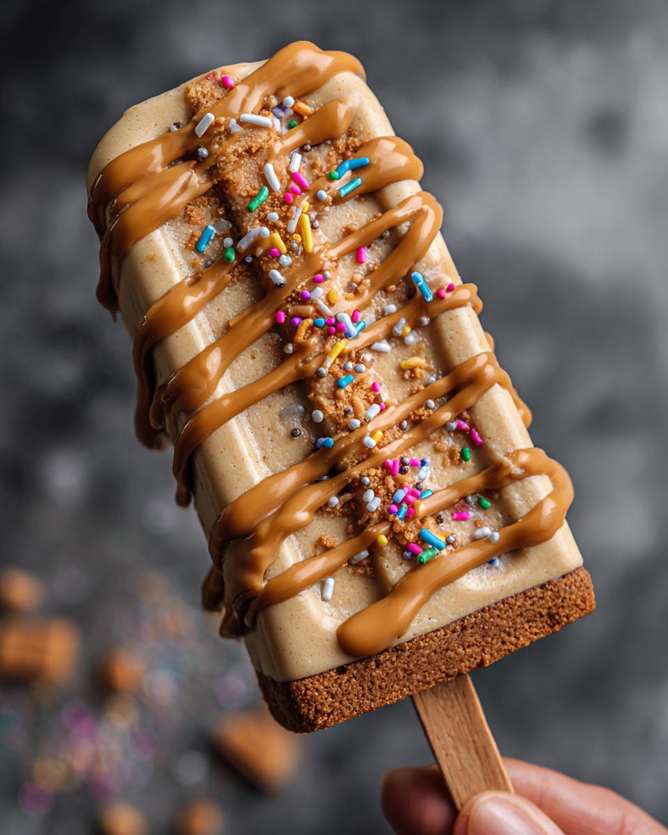 Close-up of Peanut Butter Banana Frozen Yogurt Bark for Dogs, drizzled with peanut butter and sprinkles.