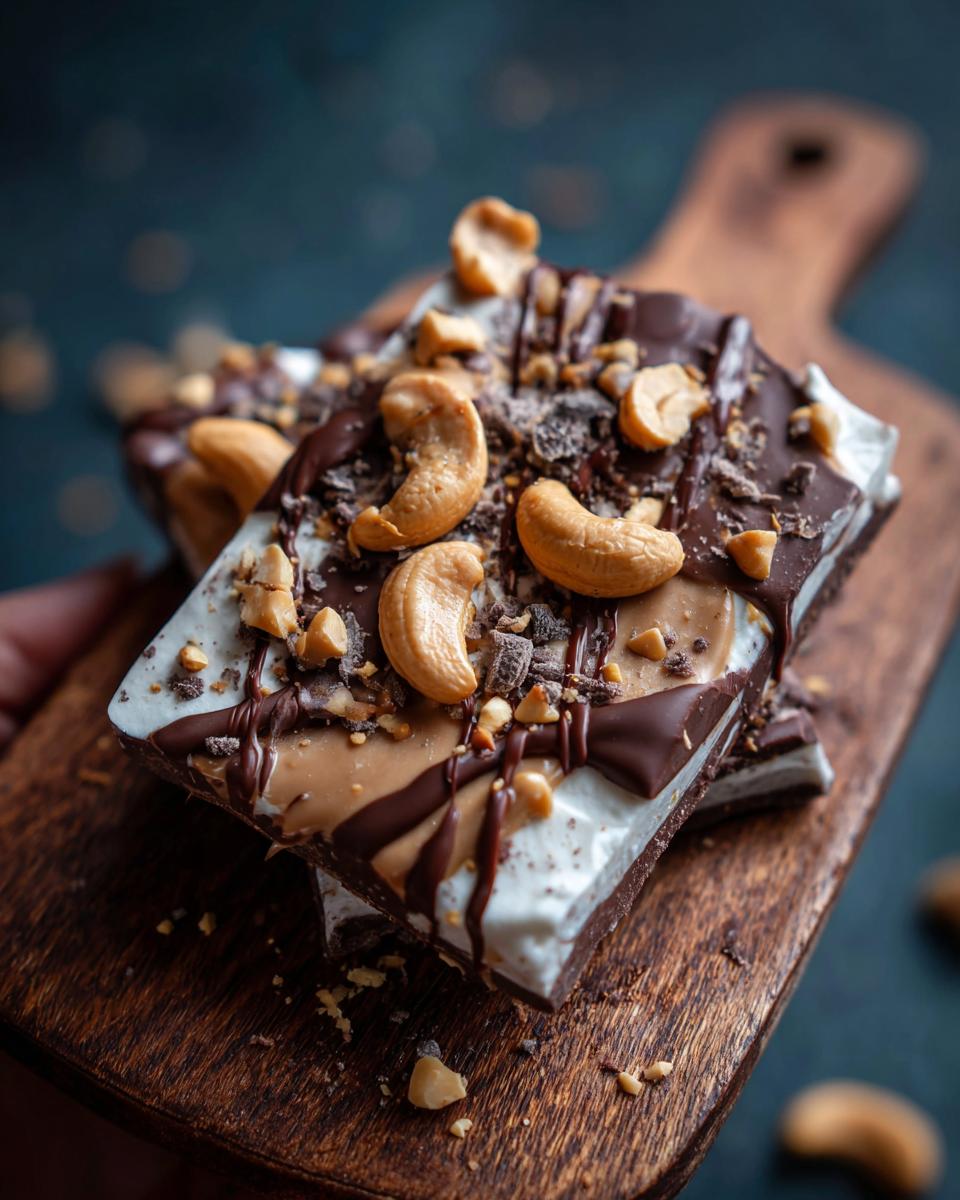 Close-up of Peanut Butter Banana Frozen Yogurt Bark for Dogs, topped with nuts and chocolate.