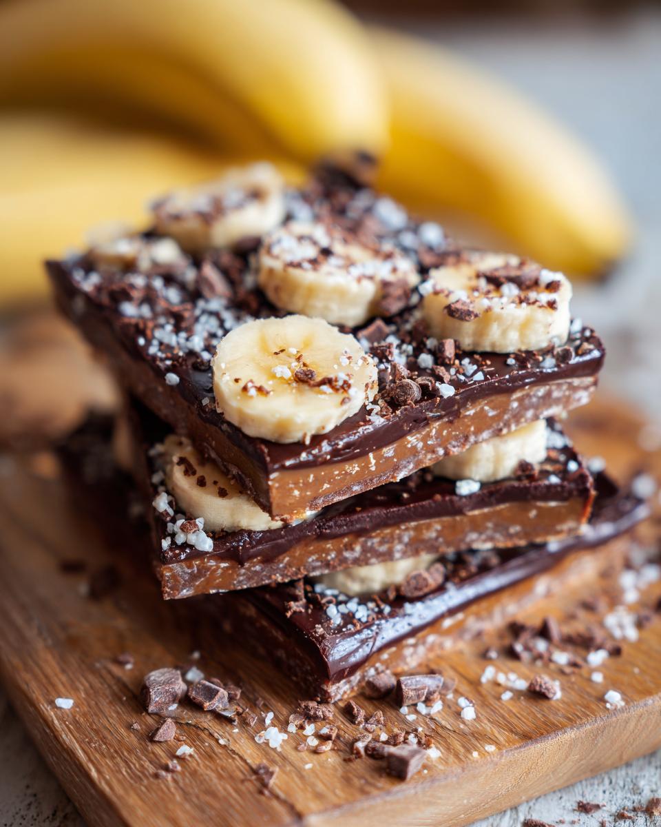 Stack of Peanut Butter Banana Frozen Yogurt Bark for Dogs, topped with banana slices and chocolate.