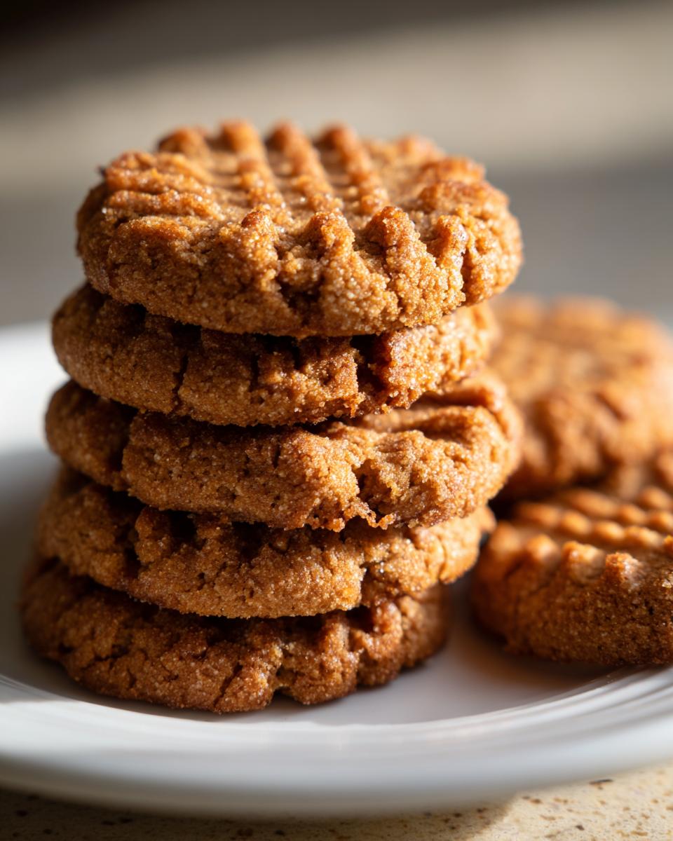 Close-up of a stack of crunchy homemade Peanut Butter Dog Biscuits on a white plate.