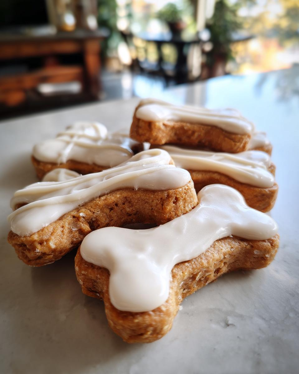 Close-up of bone-shaped Peanut Butter Dog Cookies with white icing, ready to be enjoyed.