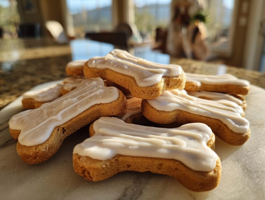 A stack of bone-shaped Peanut Butter Dog Cookies with white icing.