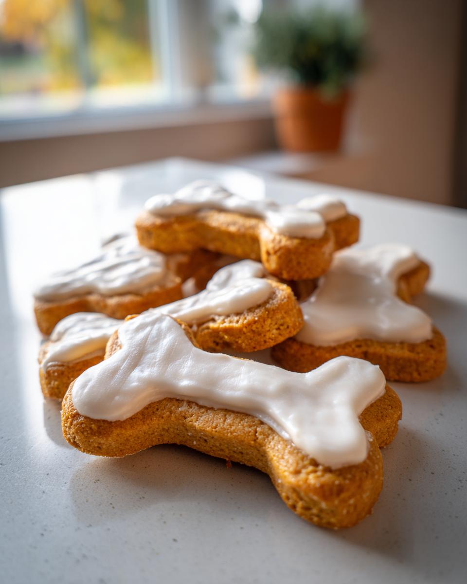 Pile of bone-shaped Peanut Butter Dog Cookies with white icing, perfect dog treats.