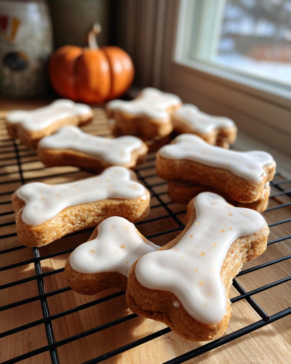 Bone-shaped Peanut Butter Dog Cookies with Icing on a cooling rack, ready to be enjoyed.