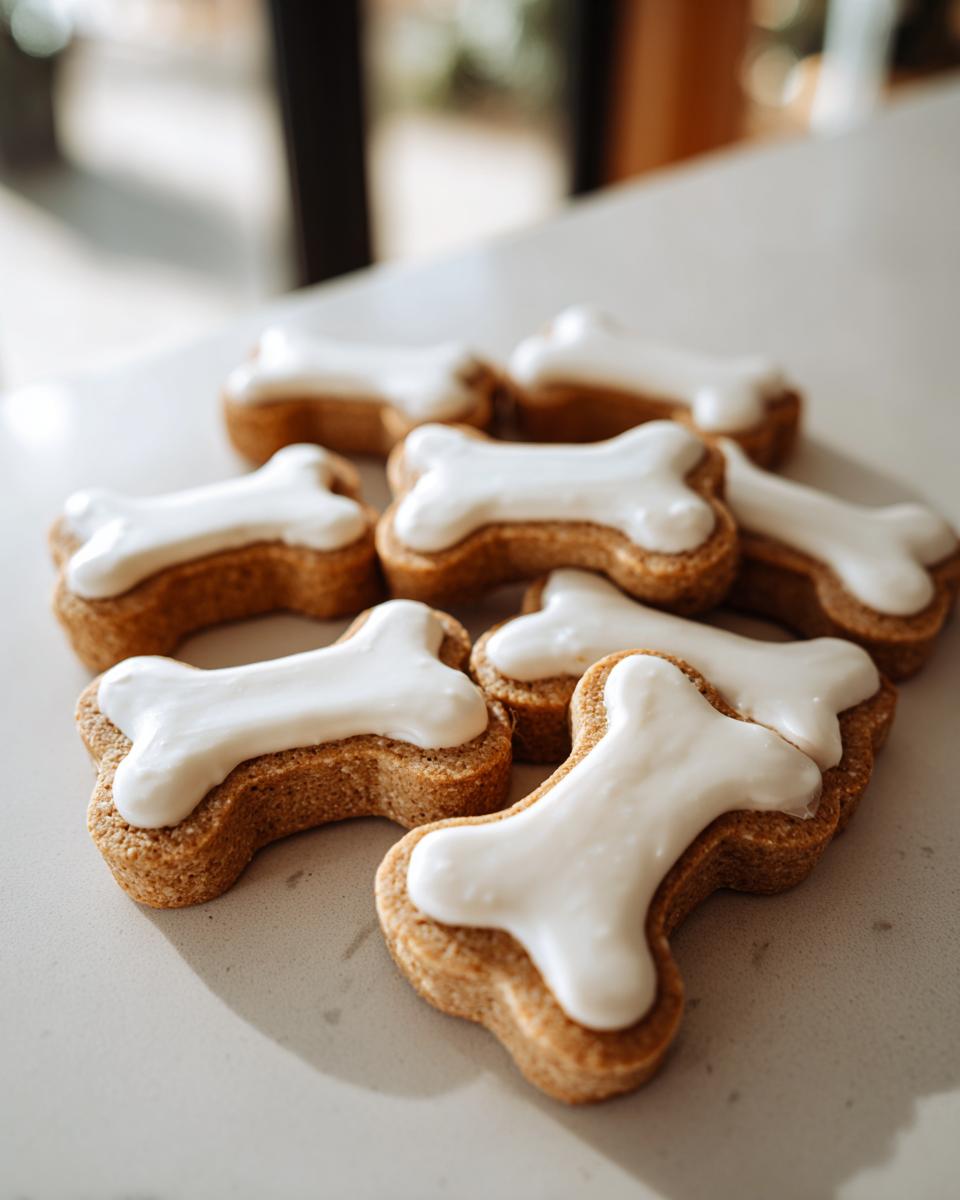 Pile of bone-shaped peanut butter dog cookies with white icing, perfect homemade treats.