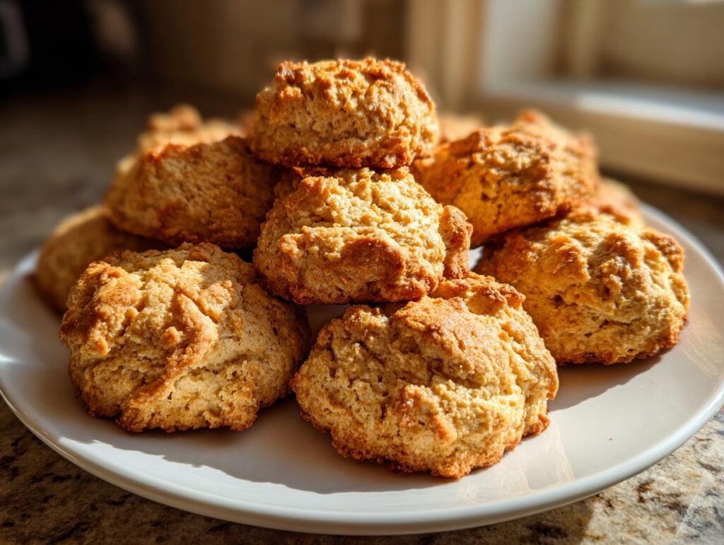 Pile of golden-brown Peanut Butter Oat Flour Dog Treats on a white plate, ready for your pup.