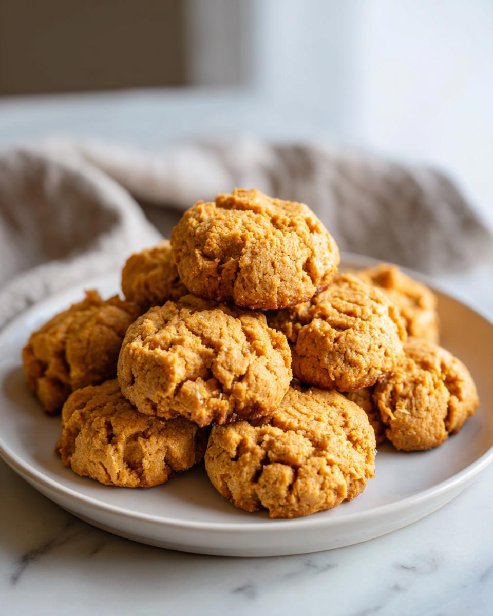 A stack of homemade Peanut Butter Oat Flour Dog Treats on a white plate.