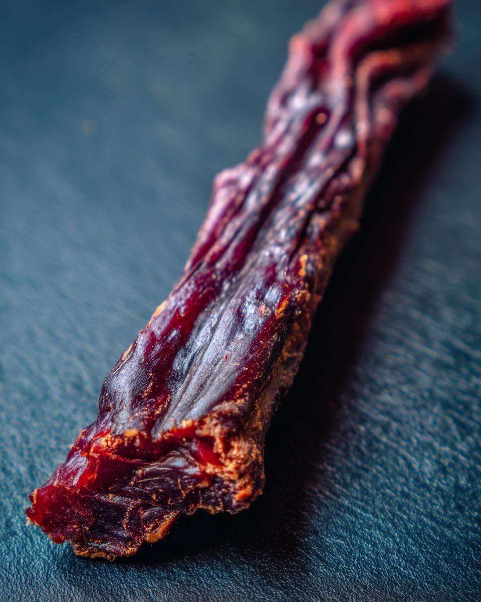 Close-up of a single Protein-Packed Beef Dog Chew Stick on a dark surface.