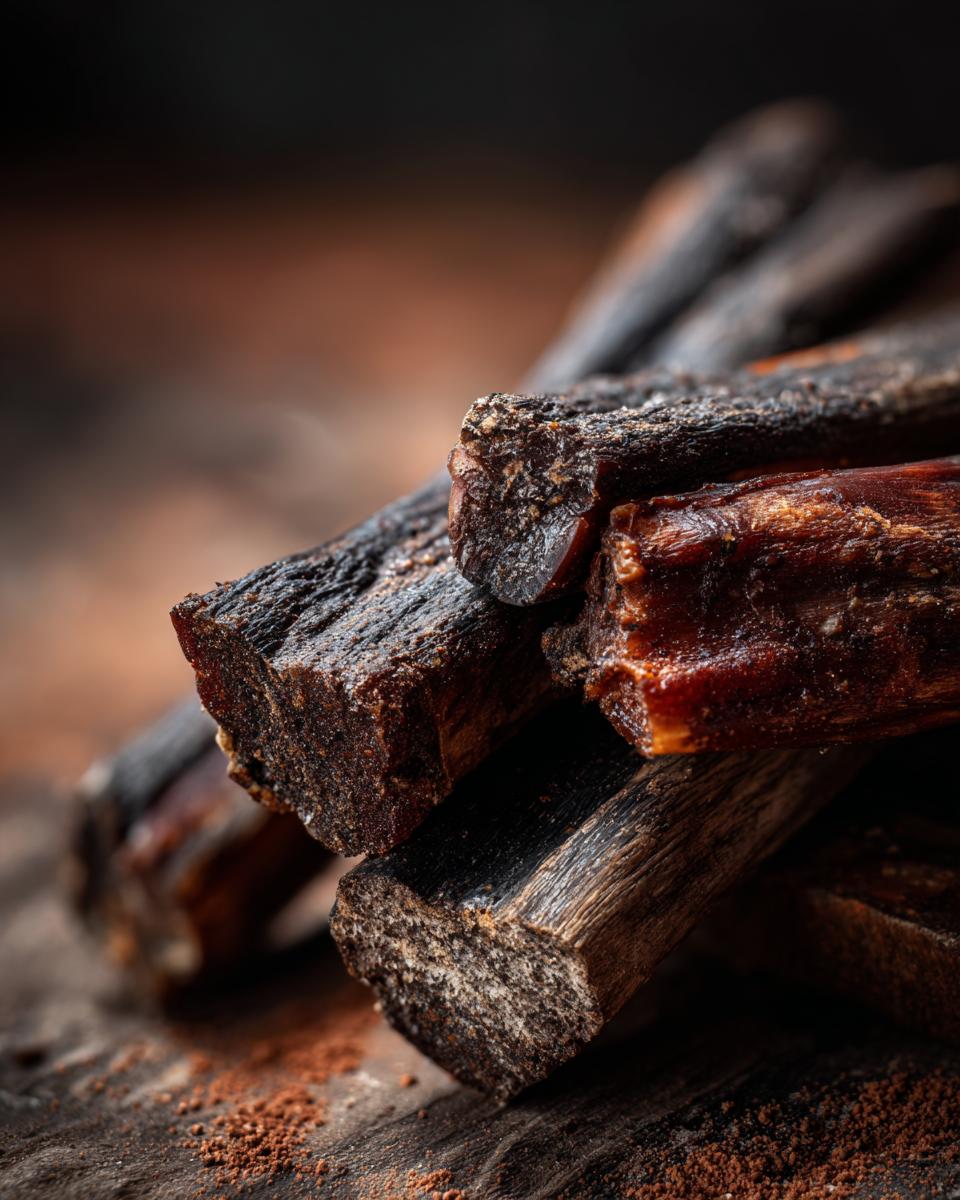 Close-up of several protein-packed beef dog chew sticks, showing texture and detail.
