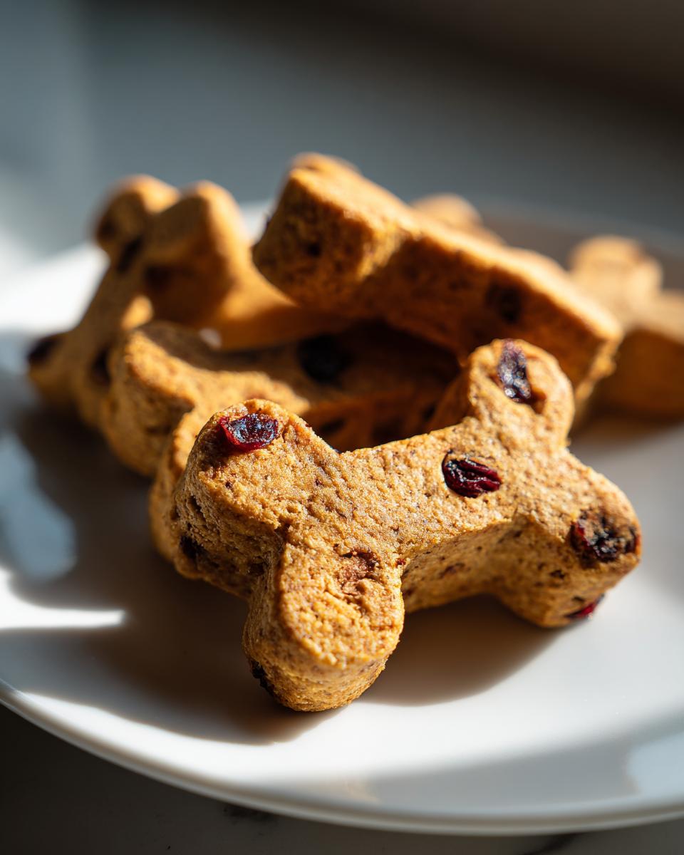 Close-up of bone-shaped Pumpkin Cranberry Holiday Dog Biscuits on a white plate.