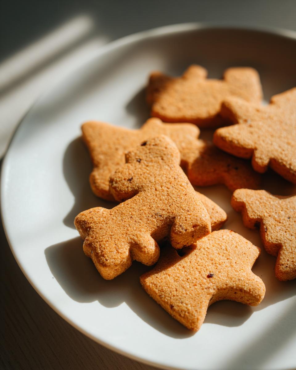 Close-up of Pumpkin Cranberry Holiday Dog Biscuits on a white plate, shaped like dogs.