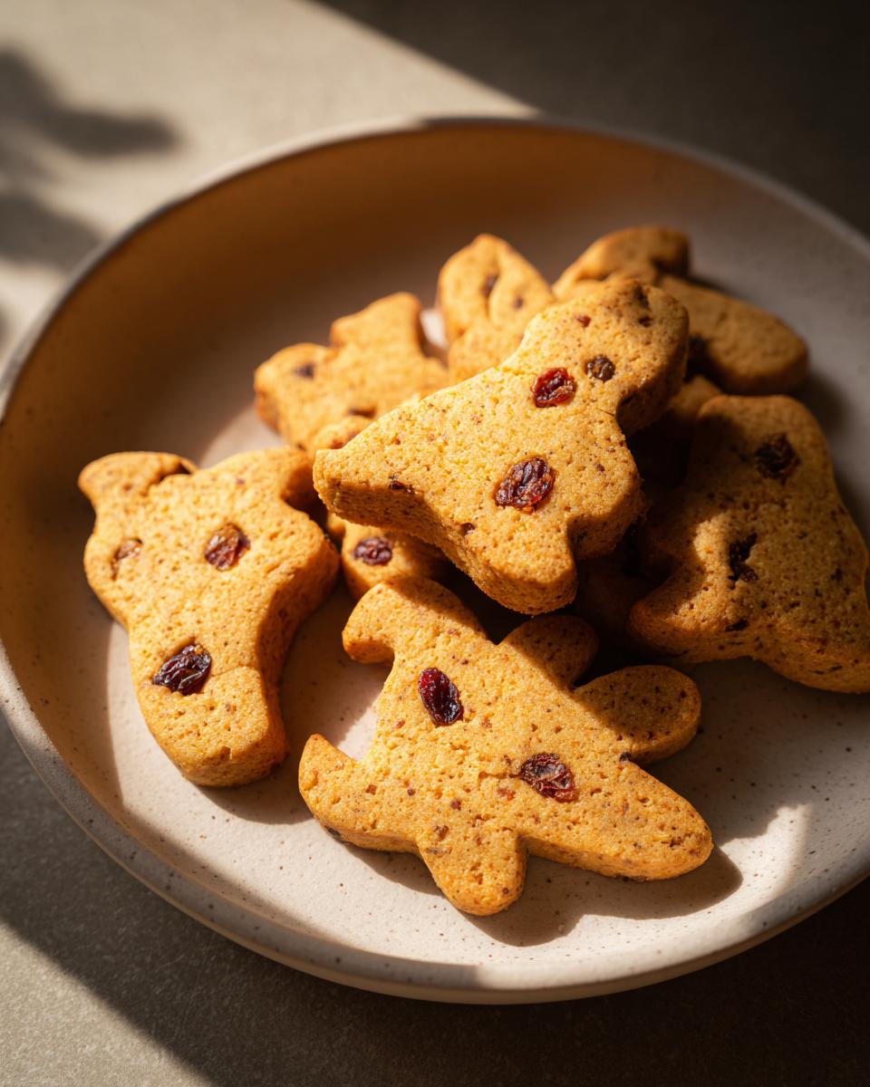 Close-up of a plate with Pumpkin Cranberry Holiday Dog Biscuits, shaped like dogs, with cranberries.