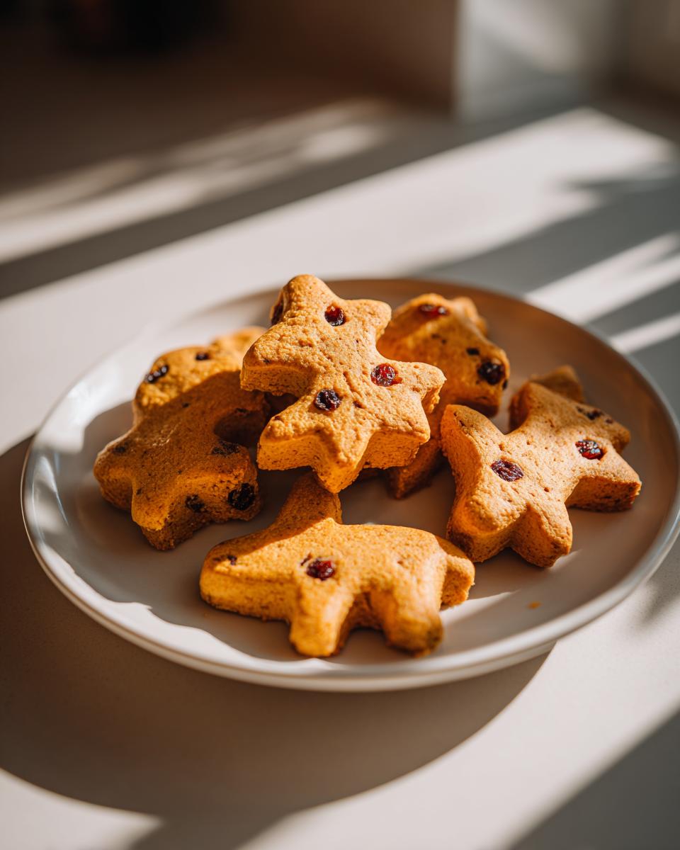 A plate of homemade Pumpkin Cranberry Holiday Dog Biscuits shaped like reindeer, perfect for the holidays.