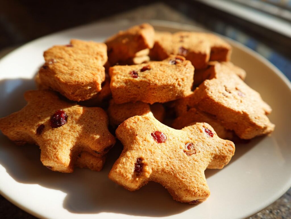 Pile of Pumpkin Cranberry Holiday Dog Biscuits on a white plate, perfect for a festive treat.