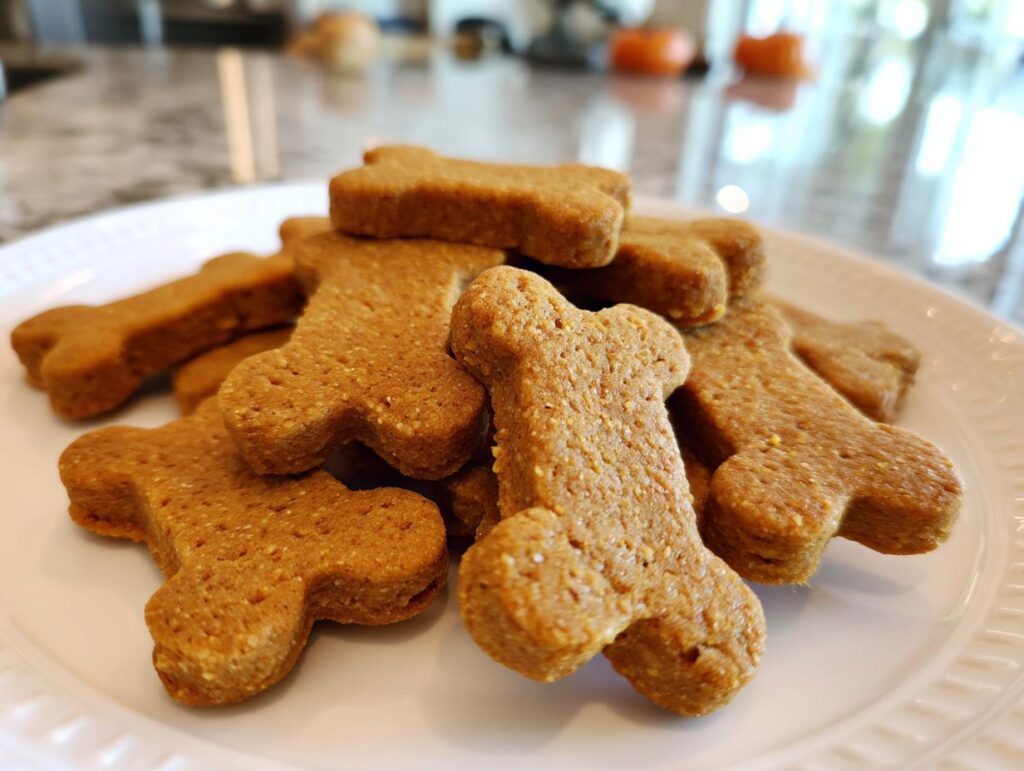 Pile of bone-shaped Pumpkin Peanut Butter Cut-Out Dog Biscuits on a white plate.